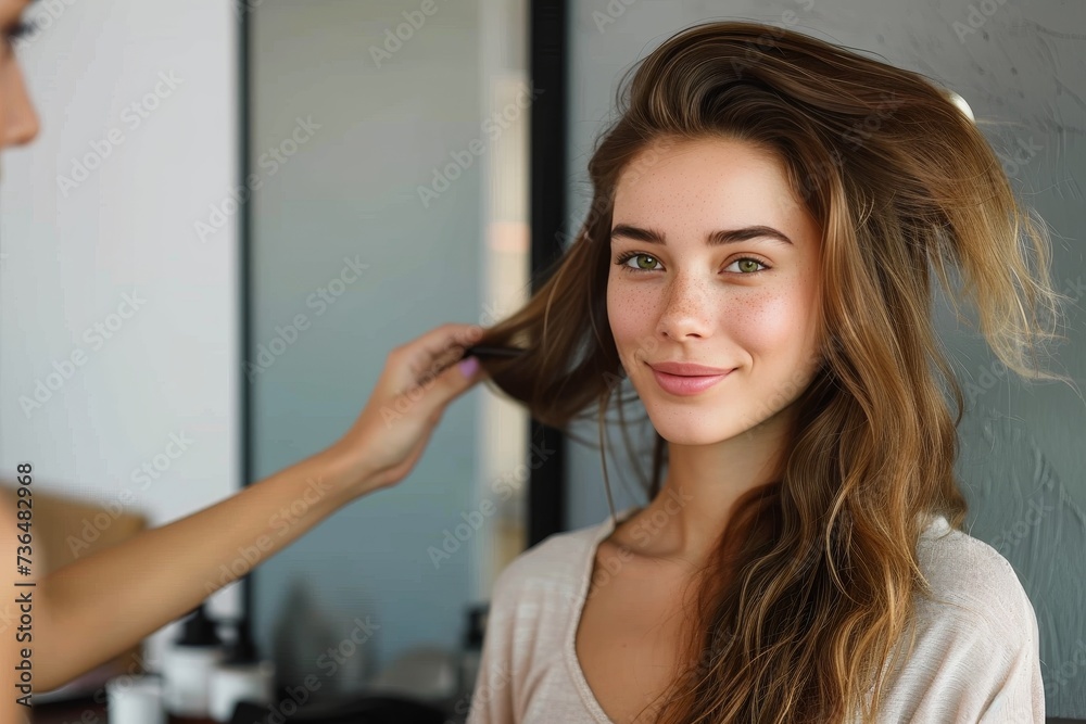 Fototapeta premium A joyful lady with long brown hair and a radiant smile poses against a wall, her layered hair and fashion accessories adding to her captivating beauty
