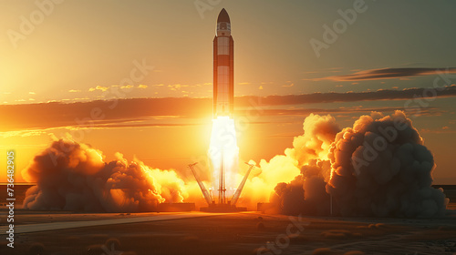 Spaceship lift off. Space heavy rocket with smoke and blast takes off into space on a background of sunset