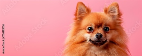 Charming Pomeranian Spitz Breed Dog Captured on Pink Background - Ideal for Pet-Inspired Designs. Concept Pet-inspired Designs, Pomeranian Spitz Breed, Charming Dog Portraits, Pink Background © Ян Заболотний