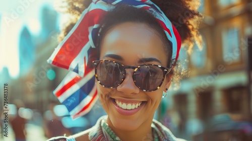 education, travel and people concept - smiling african american girl with british flag in city