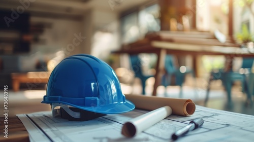 A blue construction helmet with a project or construction plan on the table. Construction plan concept. 