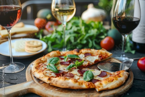 Indulge in a delectable californiastyle pizza with a glass of wine, served on a rustic wooden board, perfect for a cozy indoor brunch