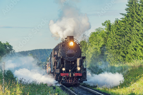 Retro steam train moves in the summer forest.