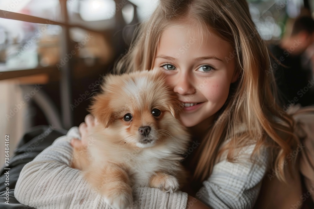 A cheerful woman cradles a fluffy pomeranian in her arms, her beaming smile reflecting the pure joy of pet ownership A cheerful woman cradles a fluffy pomeranian in her arms, her beaming smile reflecting the pure joy of pet ownership