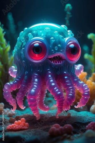 3D cute jellyfish character smiling under ocean