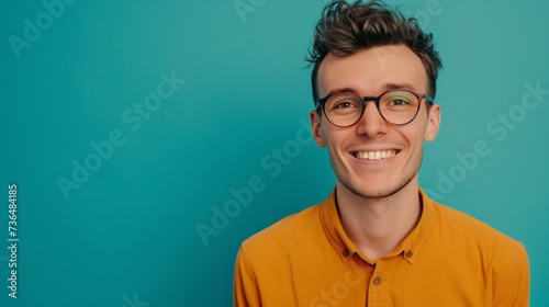 Portrait of young smiling man wearing glasses isolated on turquoise background with space for inscriptions or text.