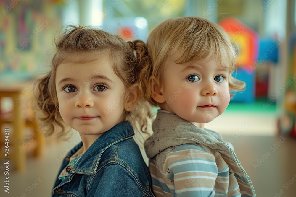 two little children in kindergarten posing in front of the camera two little children in kindergarten posing in front of the camera
