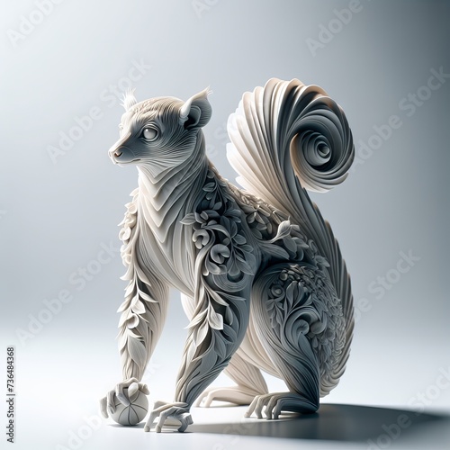 Intricate Lemur Sculpture: A Detailed Art Piece Featuring a Lemur with Floral and Swirl Designs in Monochromatic Tones © Arslan