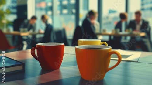 Background from cups of coffee or tea on the table in the office in the background with office workers.