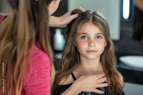 A young girl with freckles and piercing blue eyes showcases her unique sense of style with layered brown hair and feathered blond highlights, her long locks framing her human face as she gazes confid photo