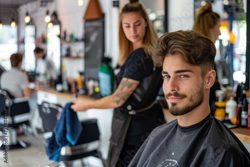 A stylishly dressed man awaits his turn in the bustling barber shop  admiring the rows of hair products lining the wall as he eagerly anticipates a fresh haircut from the skilled hairdresser