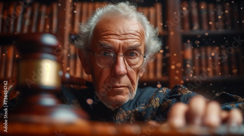 An elderly man presides over a movie night with a gavel in hand, surrounded by books and memories of fun and darkness