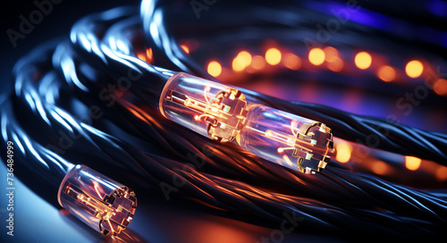 Glasfaserkabel, Leuchtendes Kabel mit leuchtenden Adern, Schnelles Internet durch digitalen Ausbau des Netzes, Abstrakte Darstellung eines Glasfaserkabels