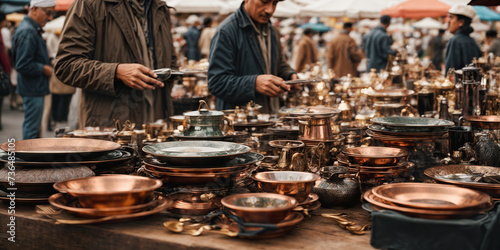 People looking at and buying old copper plates and cups on the counter top of a seller in Sunday flea market. Generative AI illustration.
