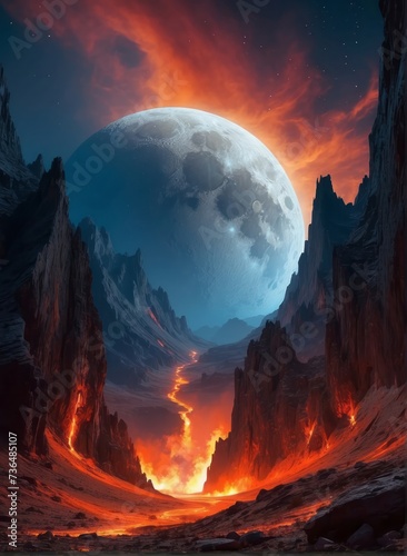 A volcano with mountain and moon background