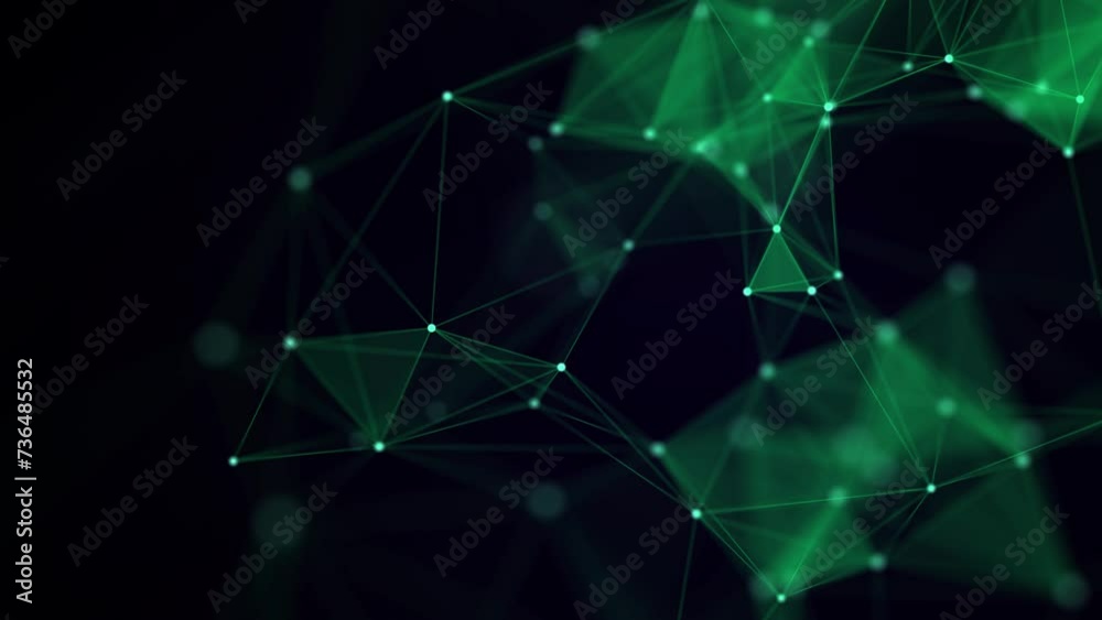 Green abstract background with connection lines, dots and triangles. Technology network connection. Digital structure of particles. 3D rendering.