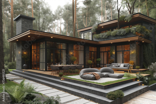 Stylish summer exterior concept with modern house in the forest. Generative AI