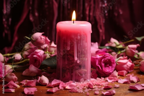 Fragrant Pink burning candle. Spa candle romance. Generate Ai
