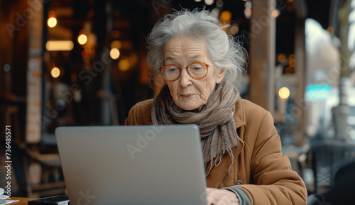 Senior woman in glasses focused on working with a laptop at a cafe, symbolizing technology usage by the elderly.