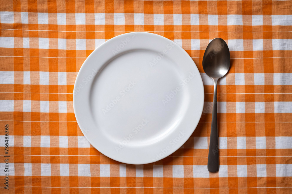 Orange checkered linen on rustic table surface setting, small white plate, golden spoon, shot overhead, top view. Food or dessert presentation background, banner, empty, template, backdrop. Orange checkered linen on rustic table surface setting, small white plate, golden spoon, shot overhead, top view. Food or dessert presentation background, banner, empty, template, backdrop.