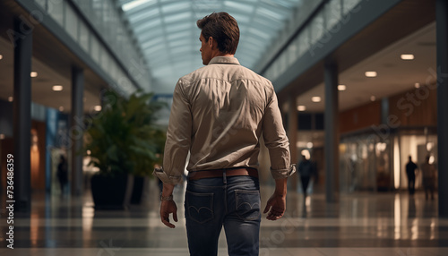 casual modern man walking, back view.