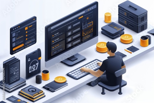 illustration of person looking at financial data on computer, financal concept photo