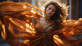 Selbstbewusste Frau tanzt sinnlich mit flatterndem orangen Tuch