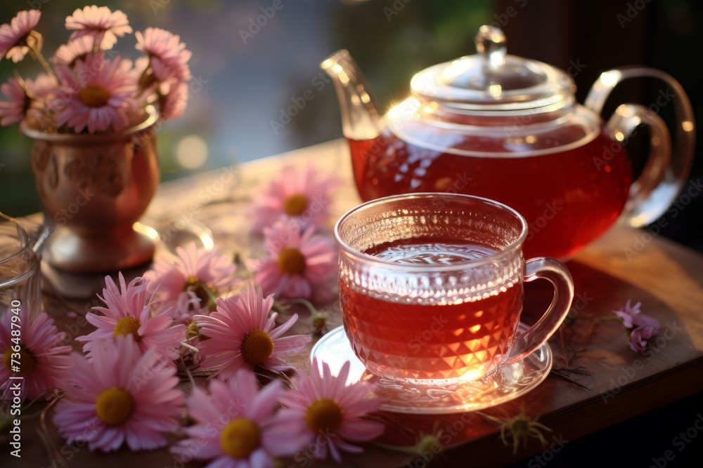 Fototapeta premium Pink chamomile tea cup banner. Flower love nature hot drink daisy. Generate Ai