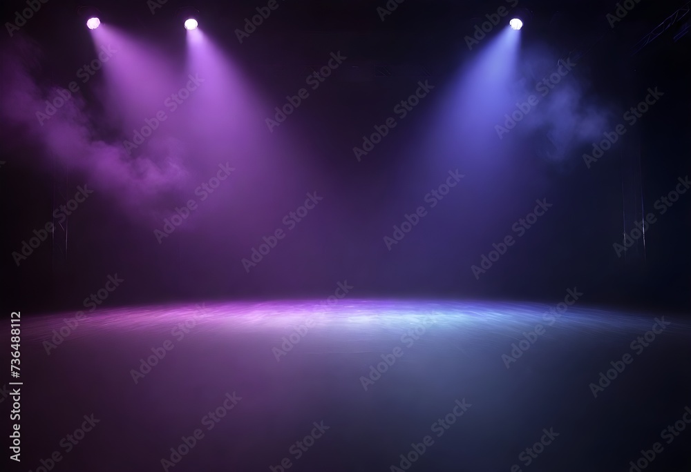 An empty stage with purple and blue stage lights with smoke effects
