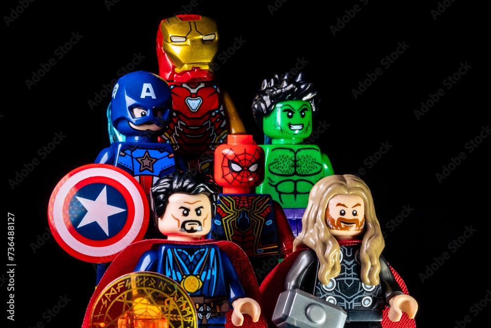 Naklejka premium LEGO Marvel's Avengers. Doctor Strange, Captain America, Thor, Hulk, Spider-Man and Iron Man on a black background