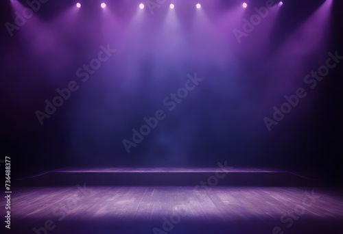 An empty stage with blue lighting and smoke