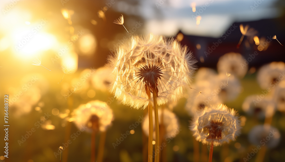 dandelion close up against sunlight background.