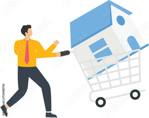 House in a shopping cart, Property purchase and Homeownership, Housing market investment or Business opportunity, Business strategy and Housing market trends concept,
