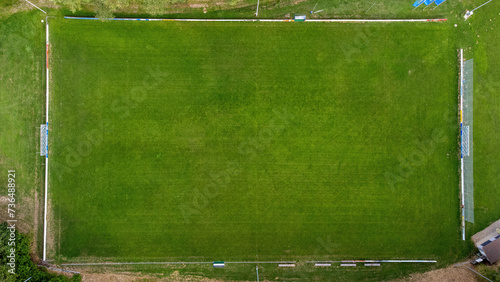 Football field of a small club from above, drone shot