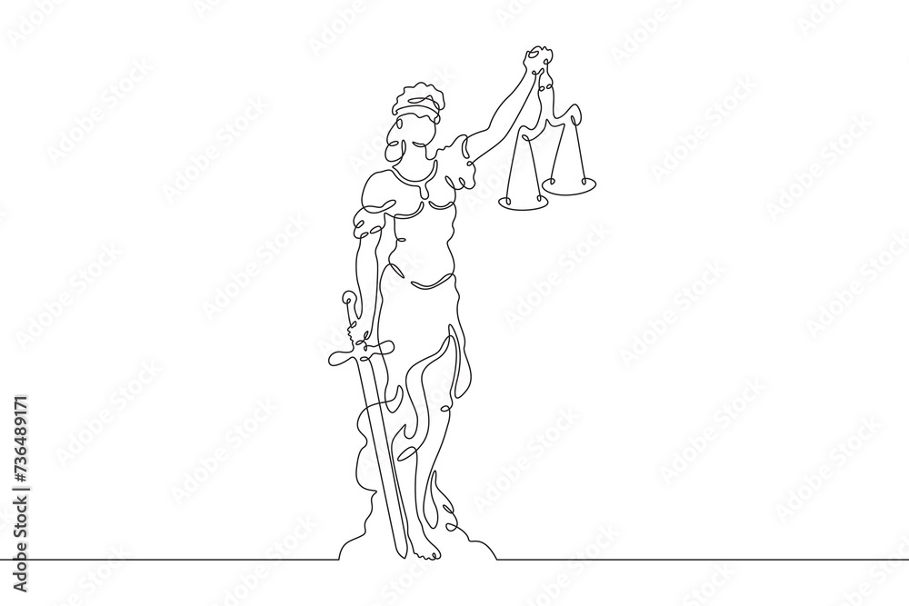 Statue of justice.Greek goddess of justice Themis.Woman with sword and scales. One continuous line drawing. Linear. Hand drawn, white background. One line