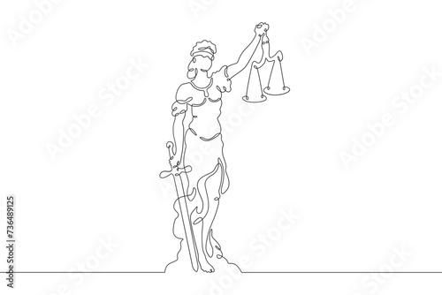 Statue of justice.Greek goddess of justice Themis.Woman with sword and scales. One continuous line drawing. Linear. Hand drawn, white background. One line