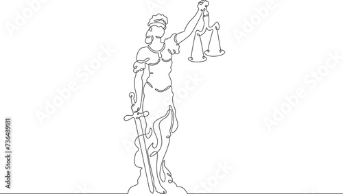 Statue of justice.Greek goddess of justice Themis.Woman with sword and scales. One continuous line drawing. Linear. Hand drawn, white background. One line
