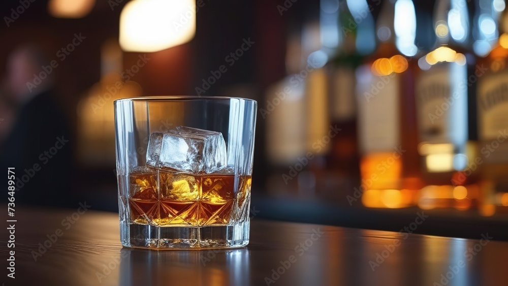 Alcoholic whiskey or brandy in a glass with ice cubes in a bar or restaurant. Nightclub background design layout. Alcoholic whiskey or brandy in a glass with ice cubes in a bar or restaurant. Nightclub background design layout.