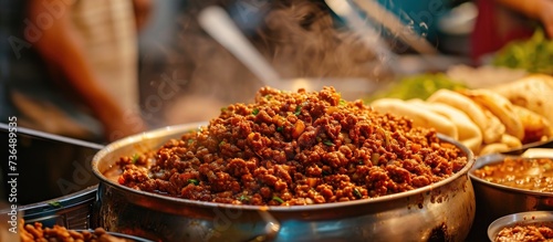 Spicy minced meat dish served with bread at an Indian Ramadan street market in Bengaluru during Iftar party. photo