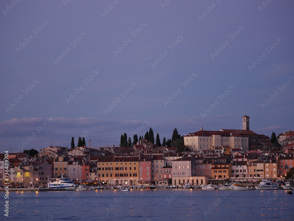 Obraz premium View of the embankment of Rovinj from the sea. The ships are in the harbor