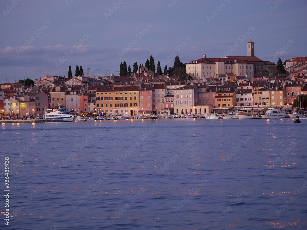View of the embankment of Rovinj from the sea. The ships are in the harbor View of the embankment of Rovinj from the sea. The ships are in the harbor