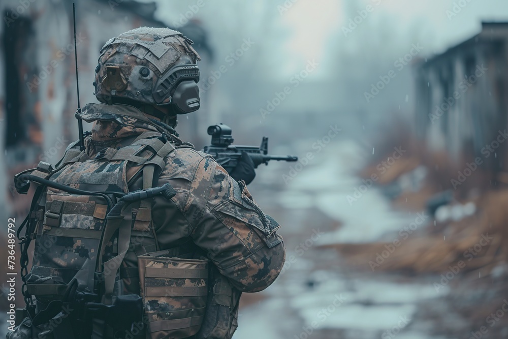 Fototapeta premium uniformed soldier deployed in a war zone on a mission