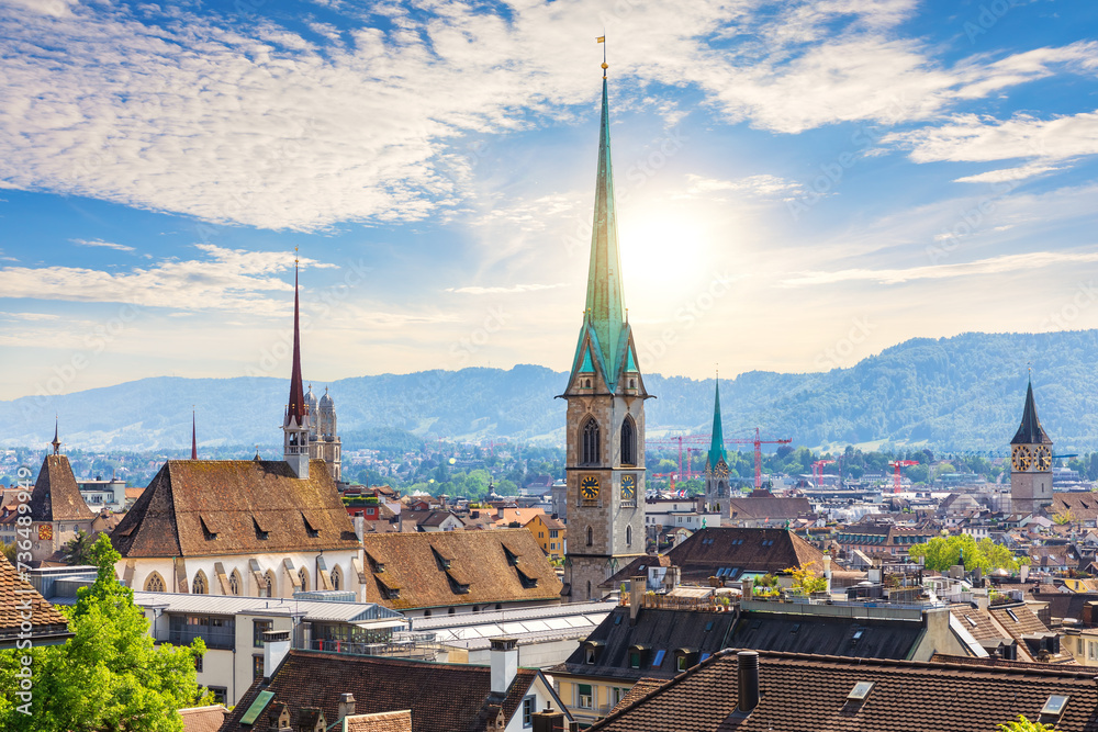 Naklejka premium Skyline view on the roofs in the downtown of Zurich at sunny day, Switzerland