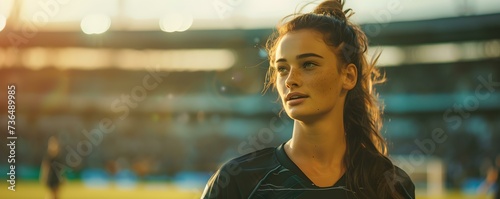 A talented female Aussie footballer showcasing her skills on a stadium field. Concept Sporting Excellence, Female Empowerment, Football Skills, Stadium Showcase, Australian Talent photo