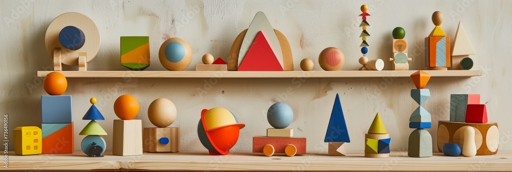 A variety of natural wooden children's toys on the shelves , children's playroom, banner