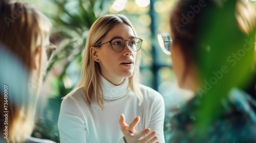 A woman in a white turtleneck and glasses is actively engaged in a conversation, gesturing with her hands in an office setting surrounded by lush green plants. © MP Studio
