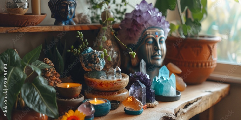 Crystals altar idea. Creating sacred meditaion space with good vibes for home, Crystals, minerals and gemstones displayed on a table, concept of raw, lifestyle.