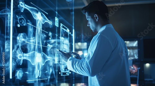 A young male doctor looking at an X-ray report in a digital modern laboratory 