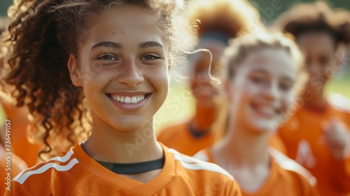 Happy confident young female football soccer player together with her teammates outdoor on the field, concept of teenager soccer training, teamwork, female player, sports.