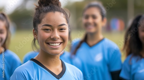 Happy confident young female football soccer player together with her teammates outdoor on the field, concept of teenager soccer training, teamwork, female player, sports. photo